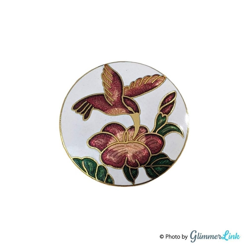 Vintage Cloisonné Floral Hummingbird Gold Tone Enamel Brooch